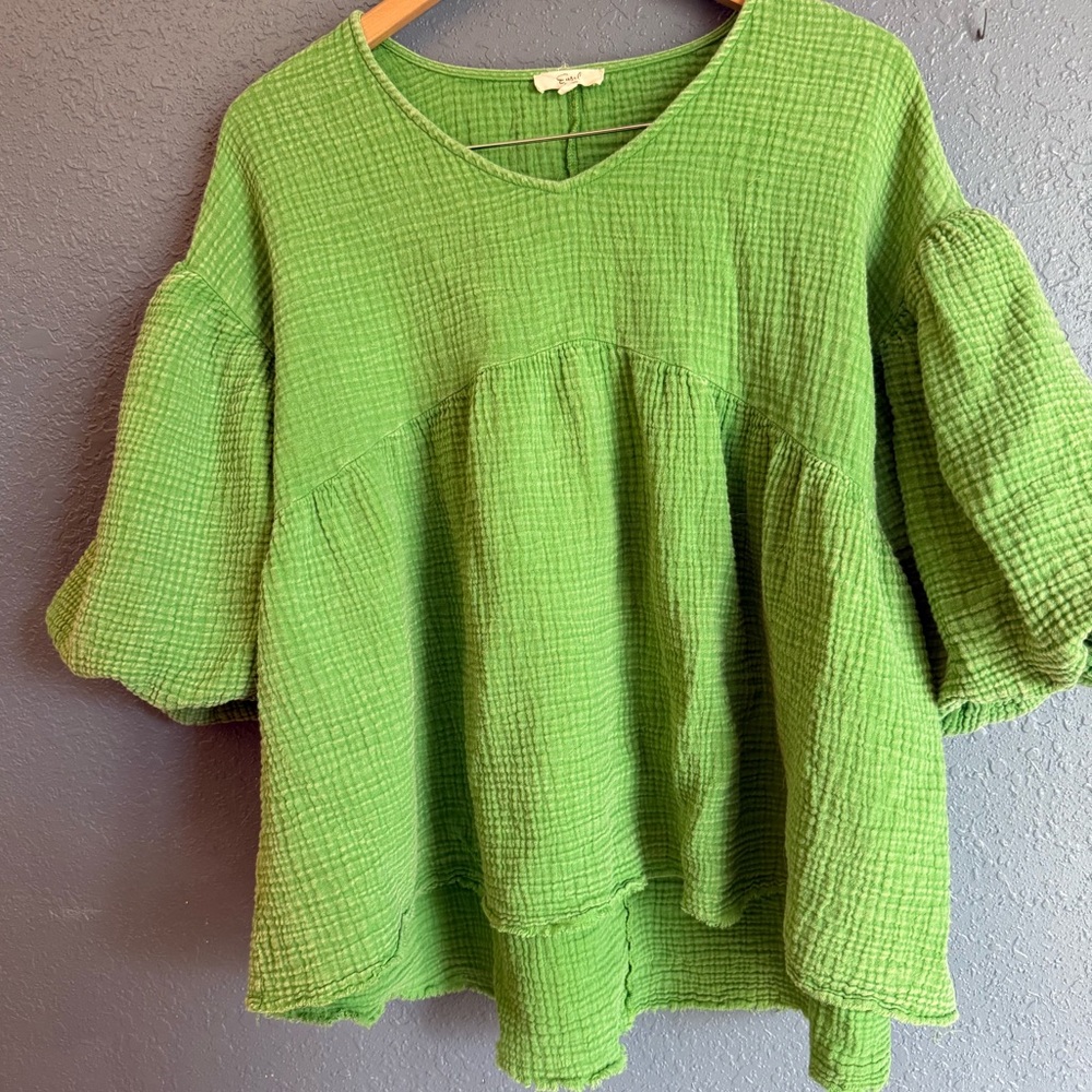 Easel Vibrant Lime 100% Cotton Blouse Size S Baggy oversized gauzy